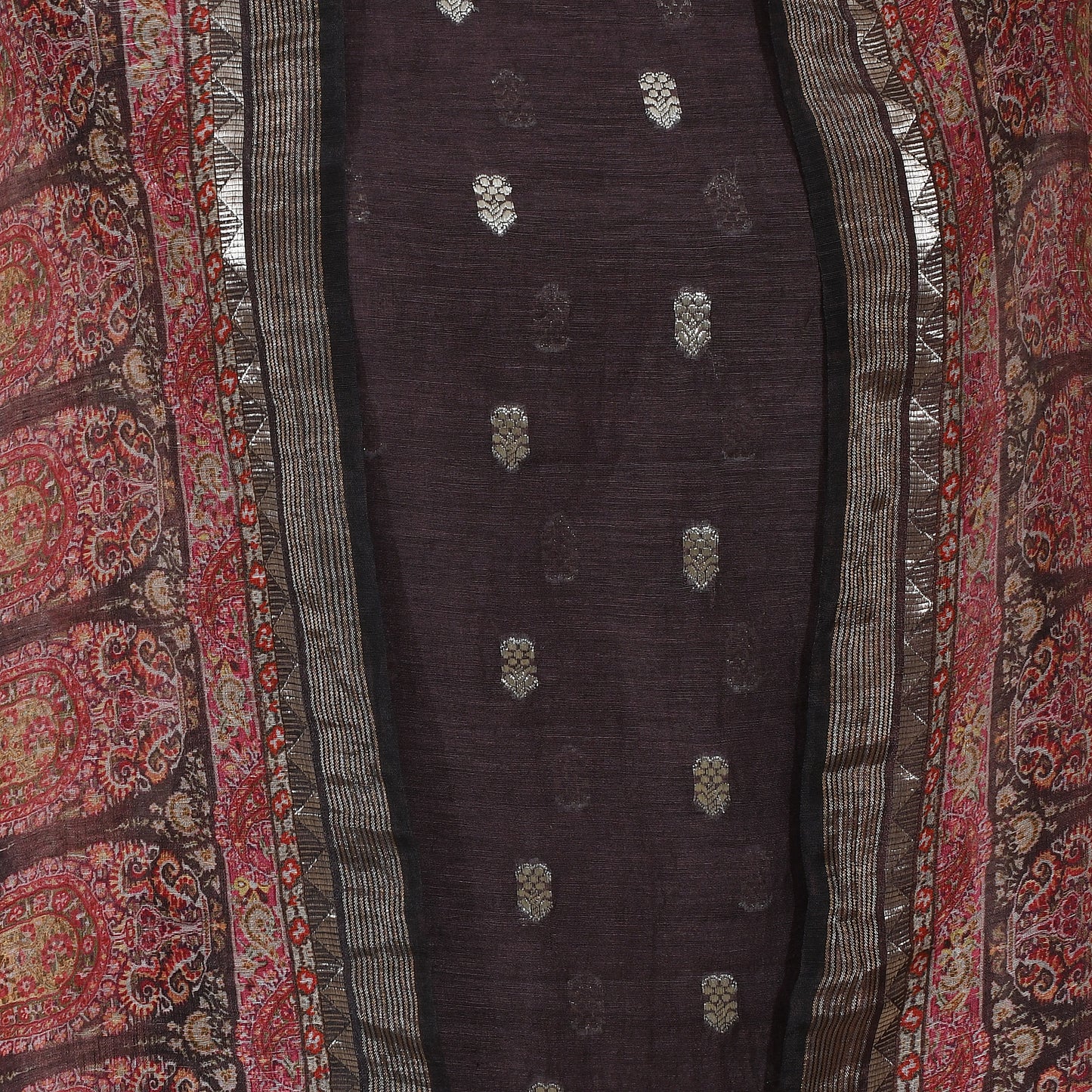 Chocolate Brown Silk Linen Unstitched Suit with Dupatta