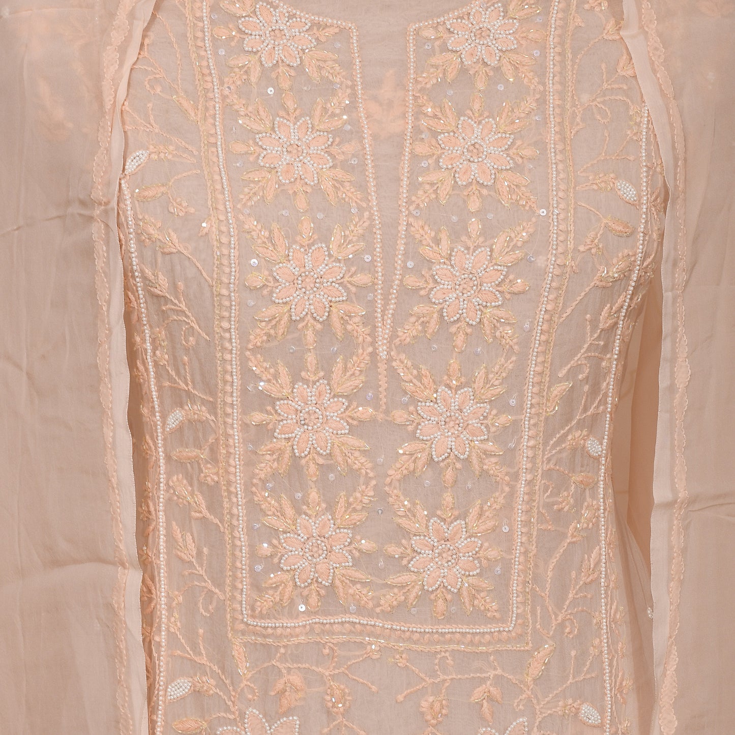 Peach Organza Unstitched Suit With Dupatta