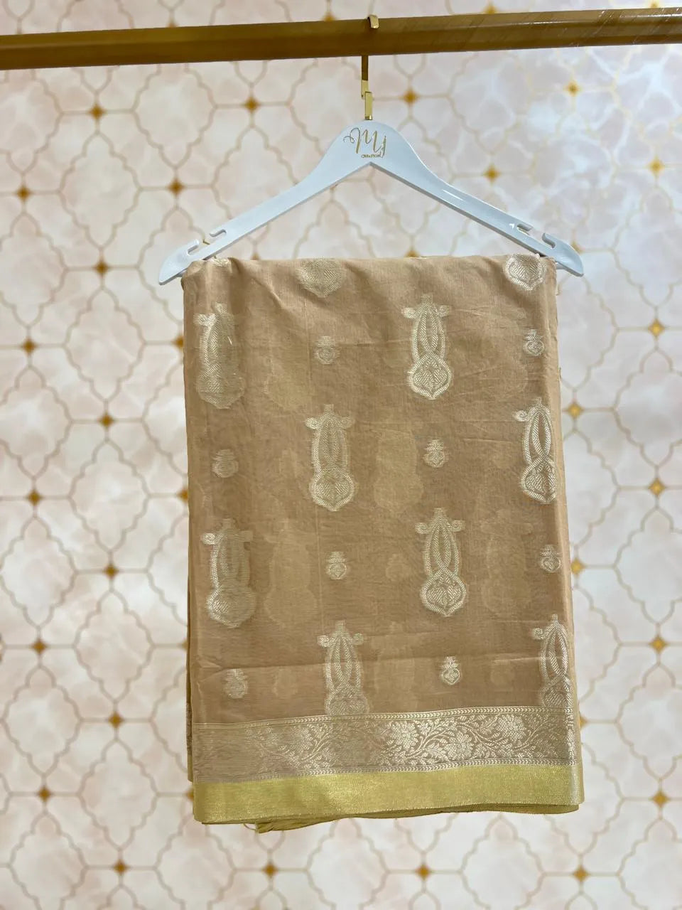 Beige Banarasi Cotton Saree with Zari Border