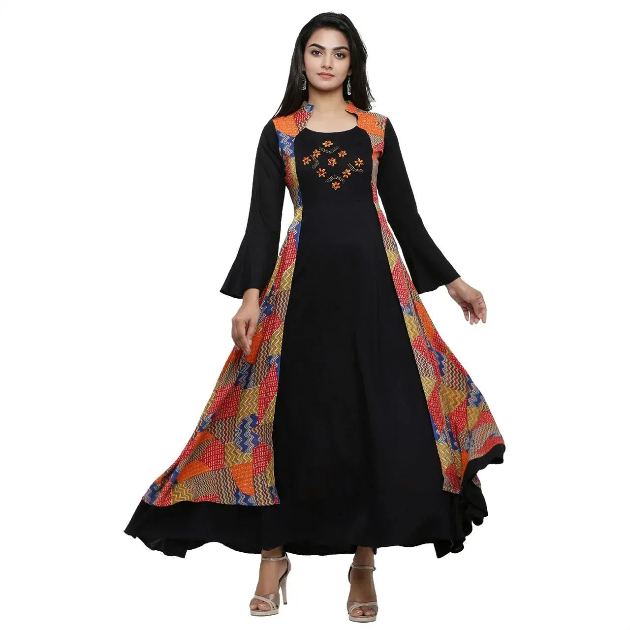 black flared kota suit with multicolor patchwork