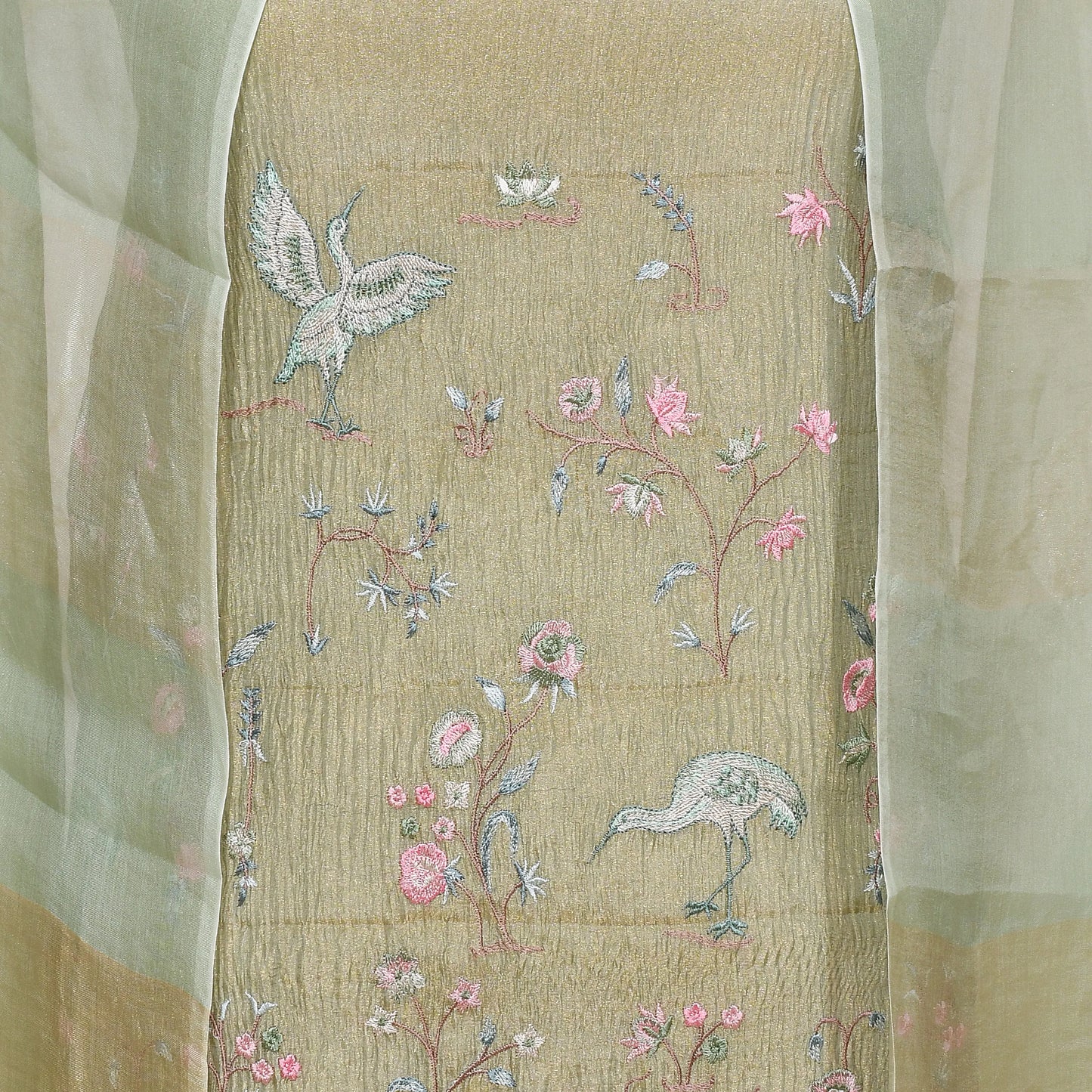 Olive Green Pure Tissue Suit with Floral Embroidery