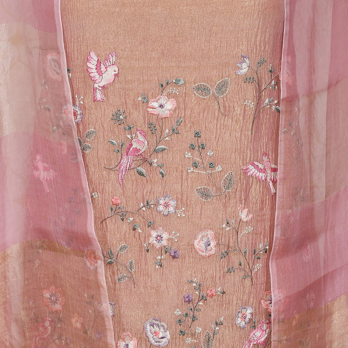 Peach Pink Pure Tissue Suit with Floral Embroidery