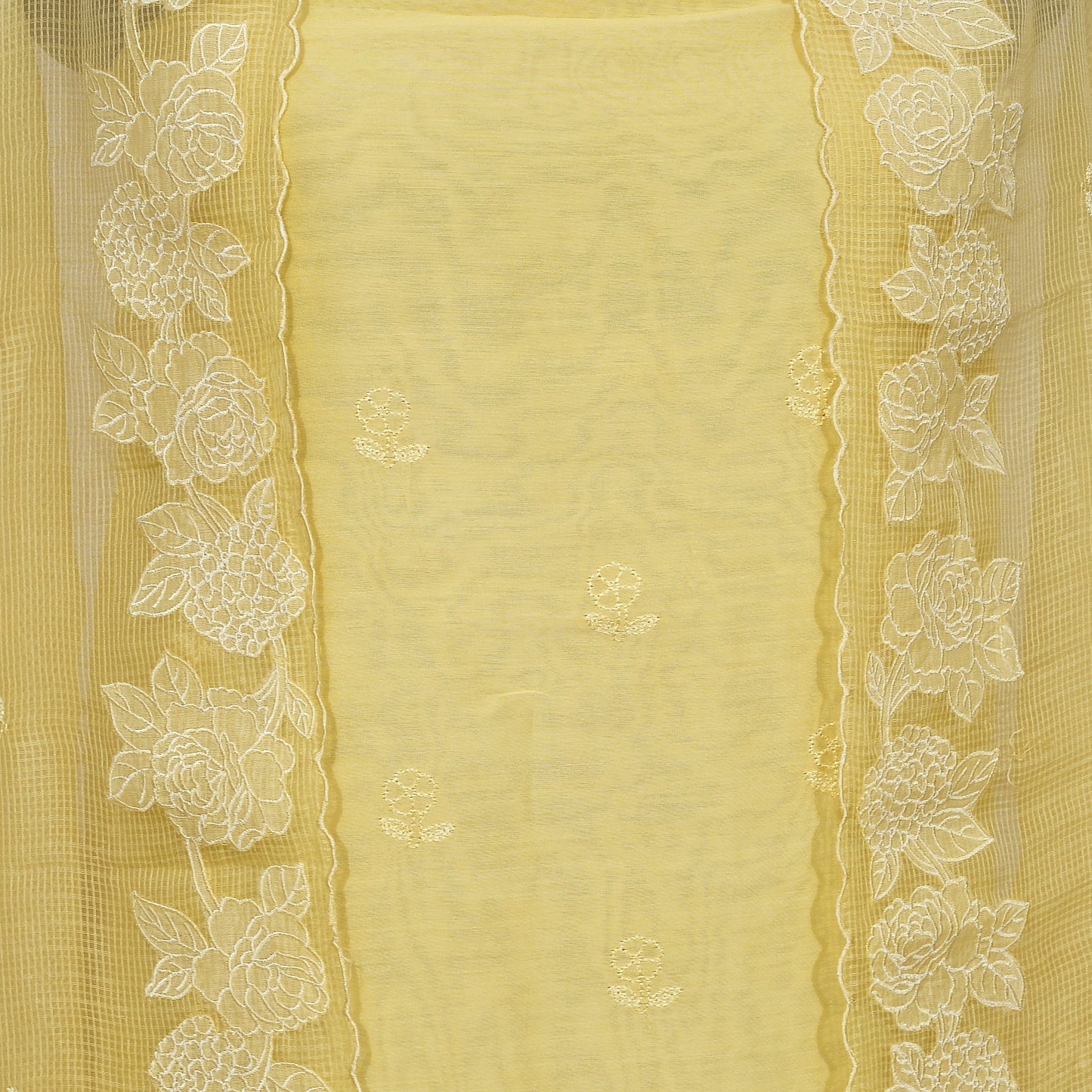 Light Yellow Chanderi Unstitcthed Embroidery Suit With Kota Doria Embroidery Dupatta