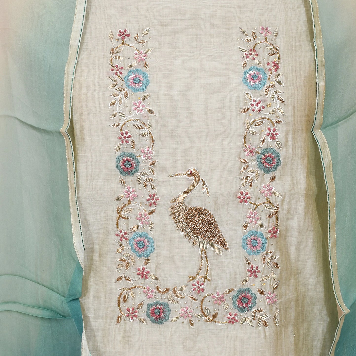 Unstitched Chanderi Suit with Pecock Embroidery & Green Dupatta