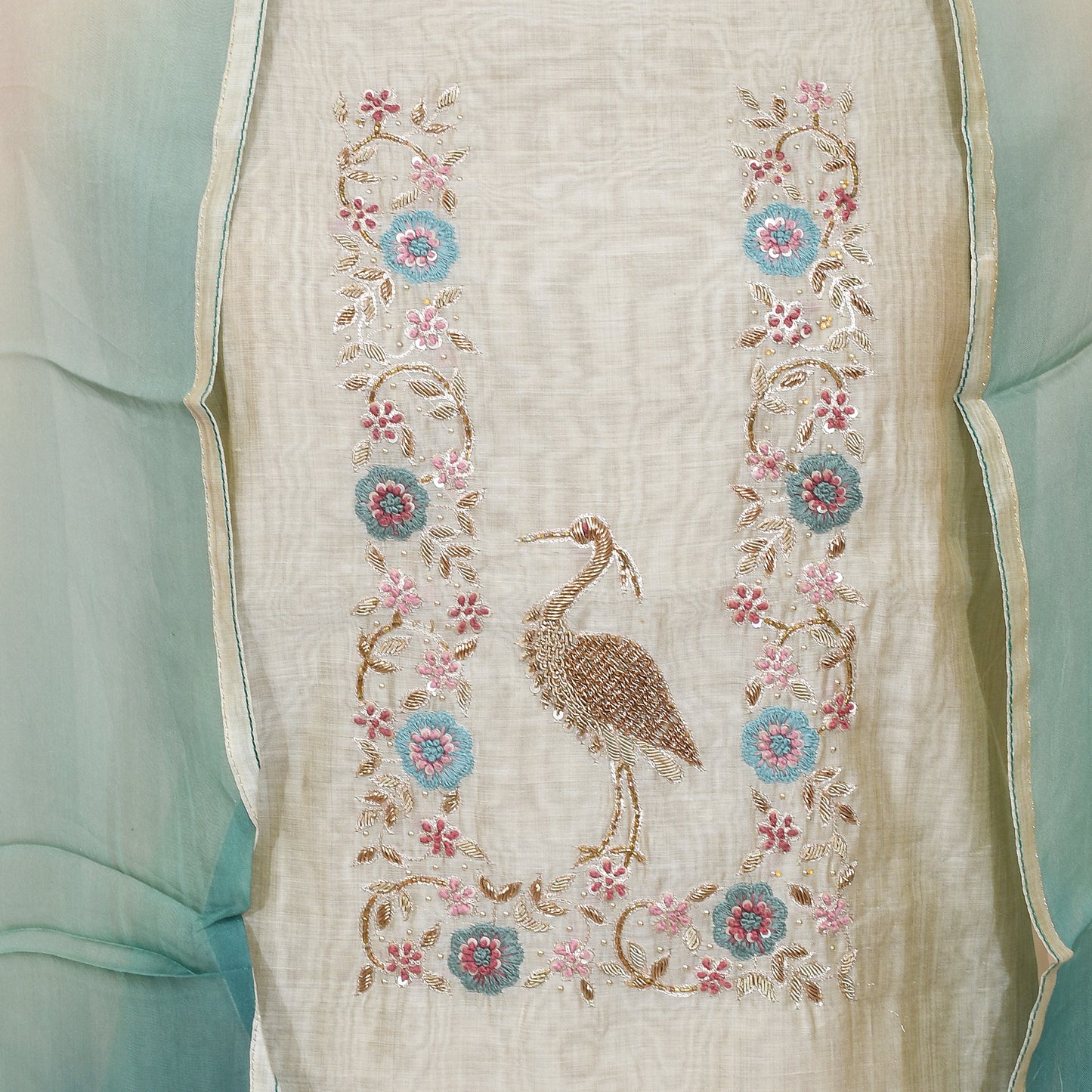 Beige Chanderi Heavy Unsticthed Embroidery Suit With Ombre Dupatta