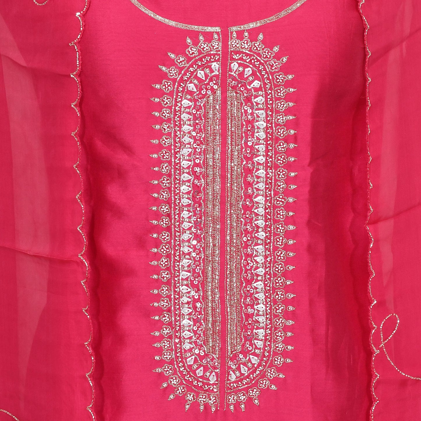 Pink Unstitched Chanderi Silk Suit with Embroidered Dupatta