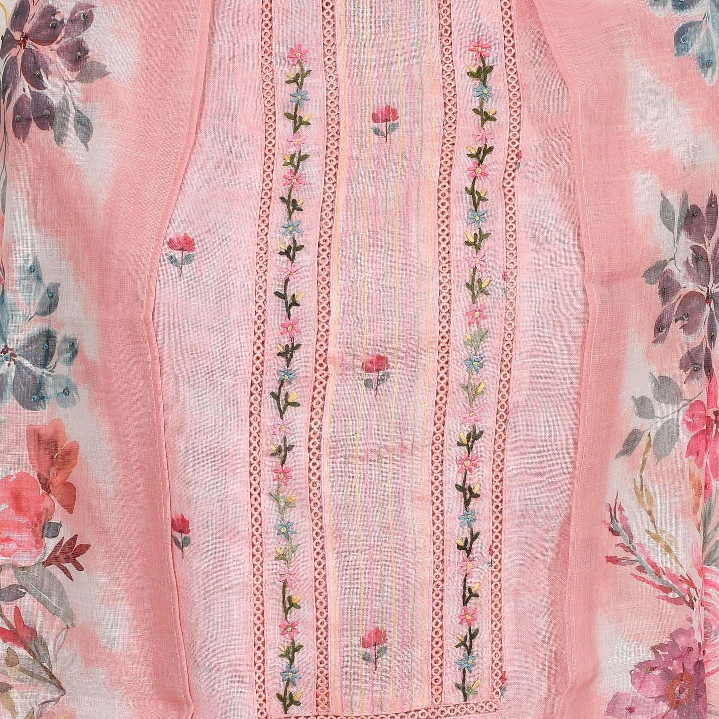 Peach Floral Silk Linen Suit with Printed Dupatta