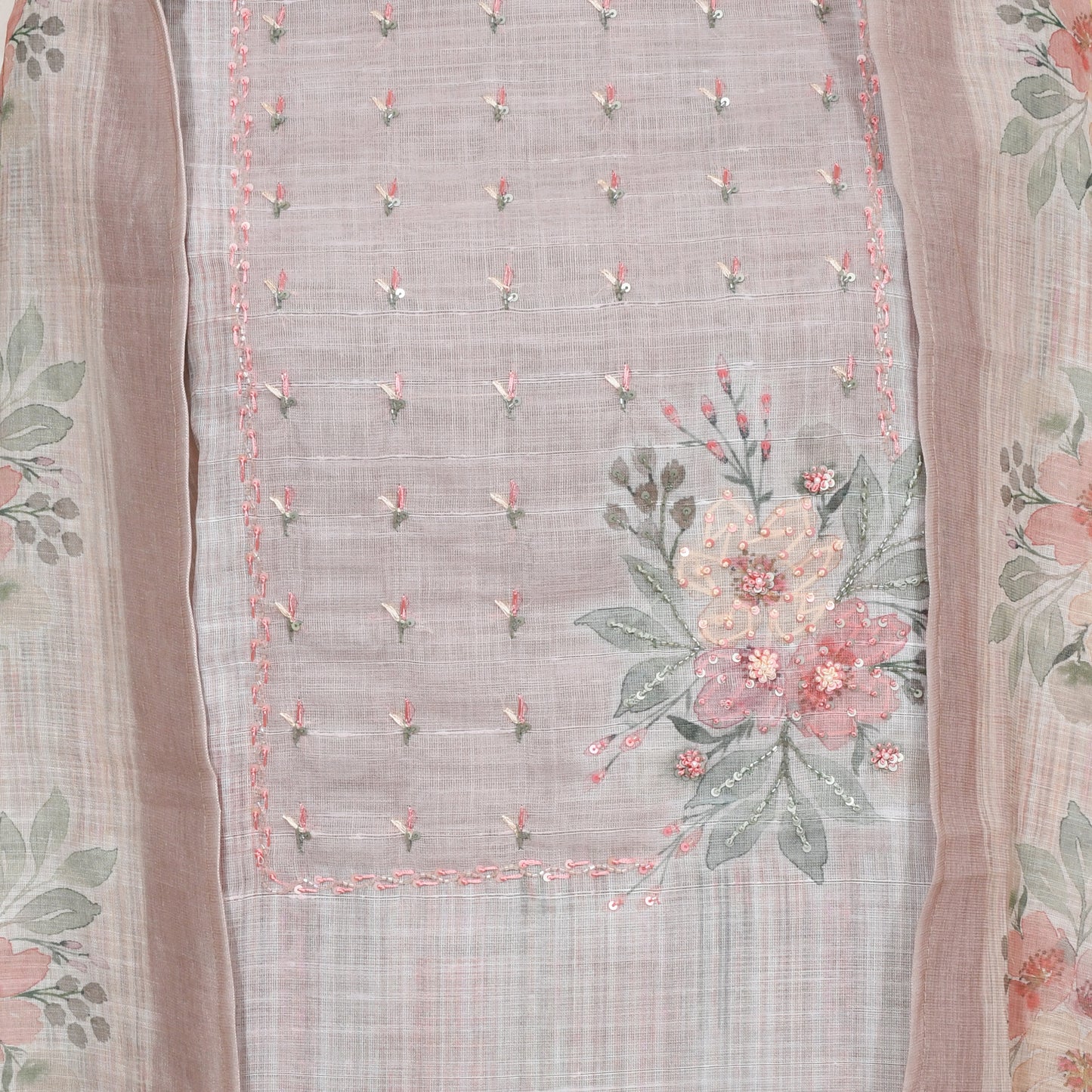 Onion Pink linen Unsticthed Handwork Suit With Digital Printed Dupatta