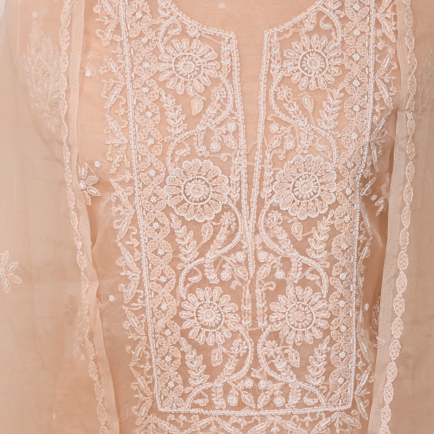 Peach Organza Unstitched Embroidery Suit With Dupatta