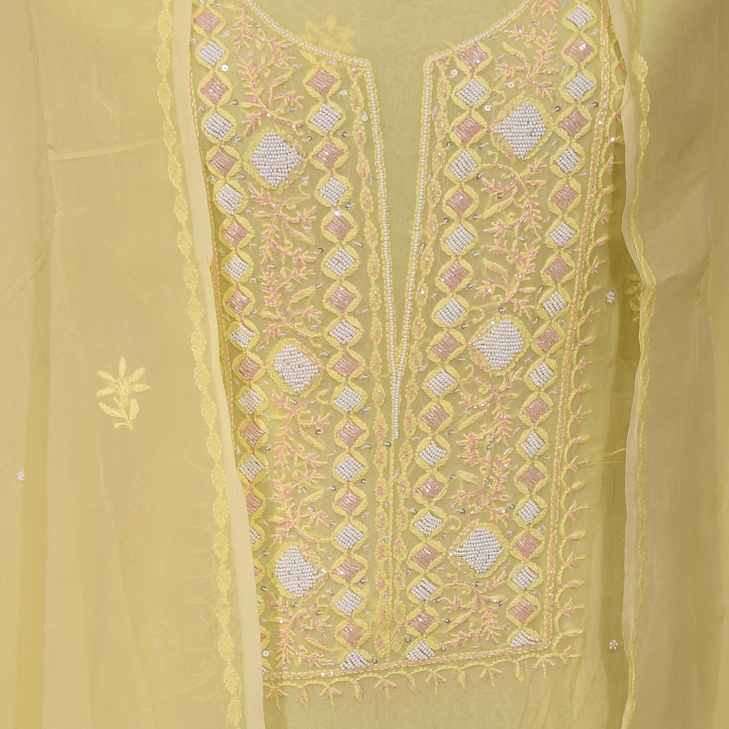 Yellow Organza Unstitched Suit With Dupatta