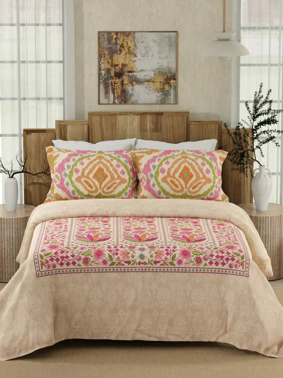floral beige bedsheet set with pillow covers