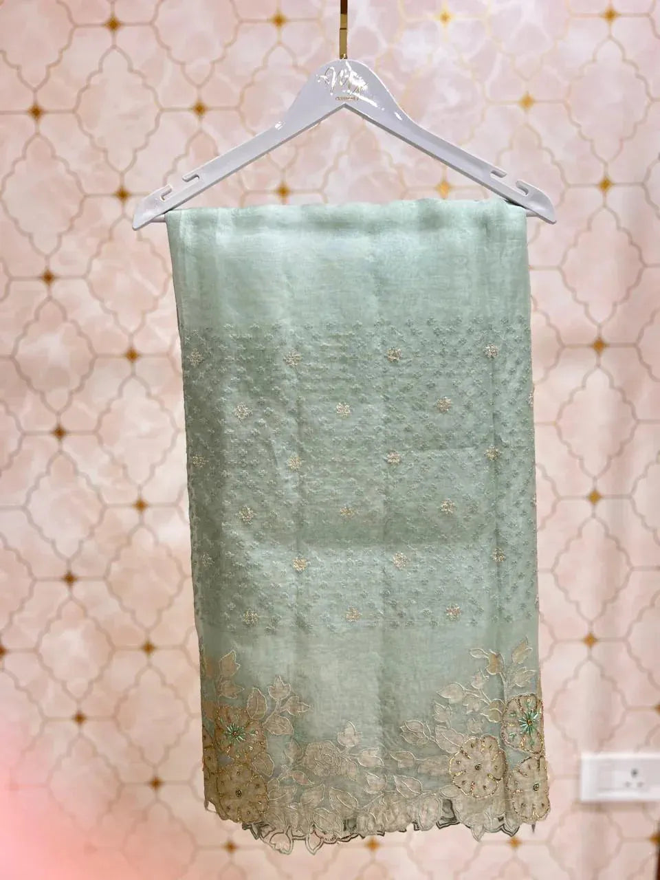 organza saree with applique and pitta work
