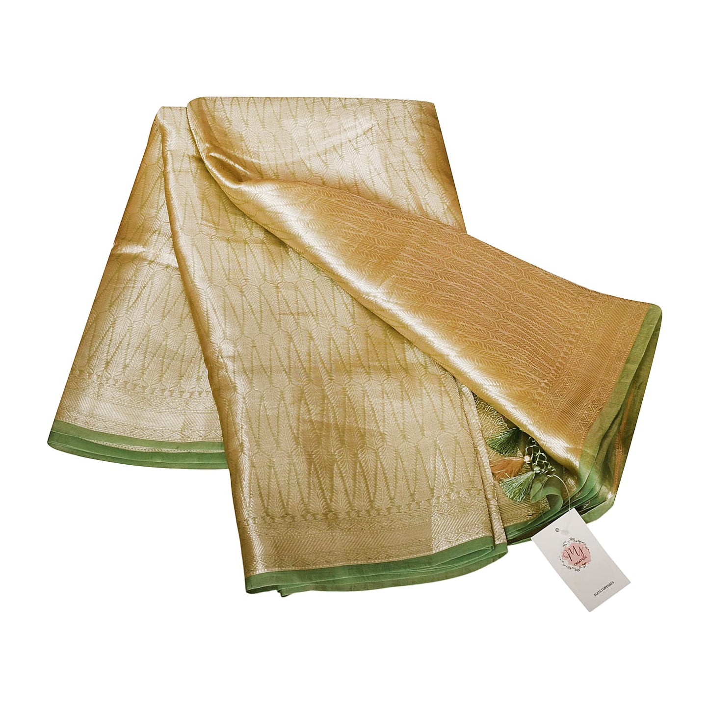 Pista Green Golden Banarasi Saree With Chevron Zari Work