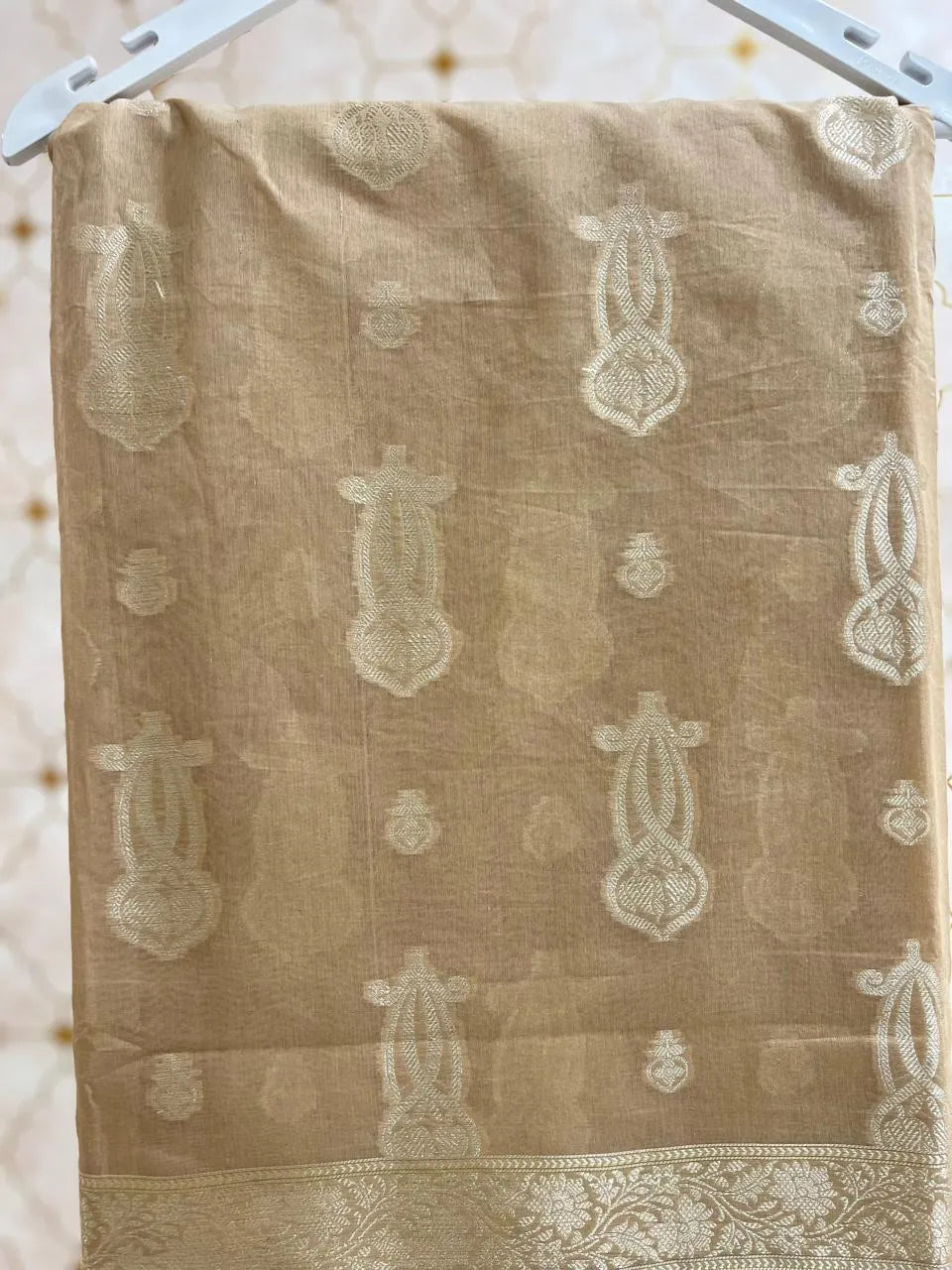 Beige Banarasi Cotton Saree with Zari Border