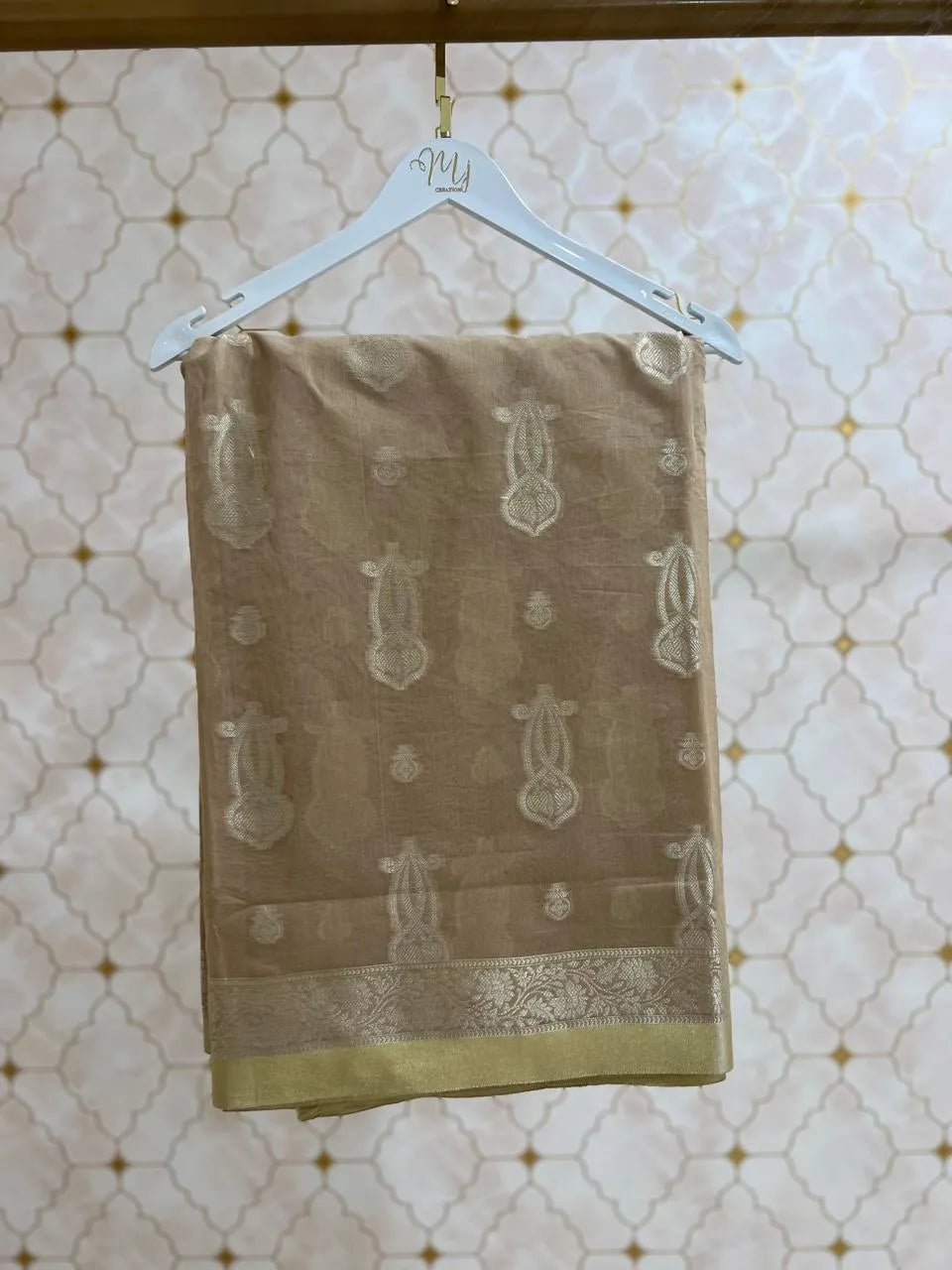 Beige Banarasi Cotton Saree with Zari Border