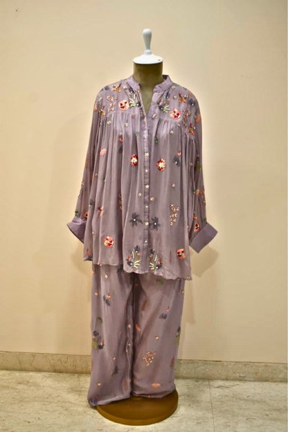 Lavender Embroidery Work Cotton Co - Ord Set