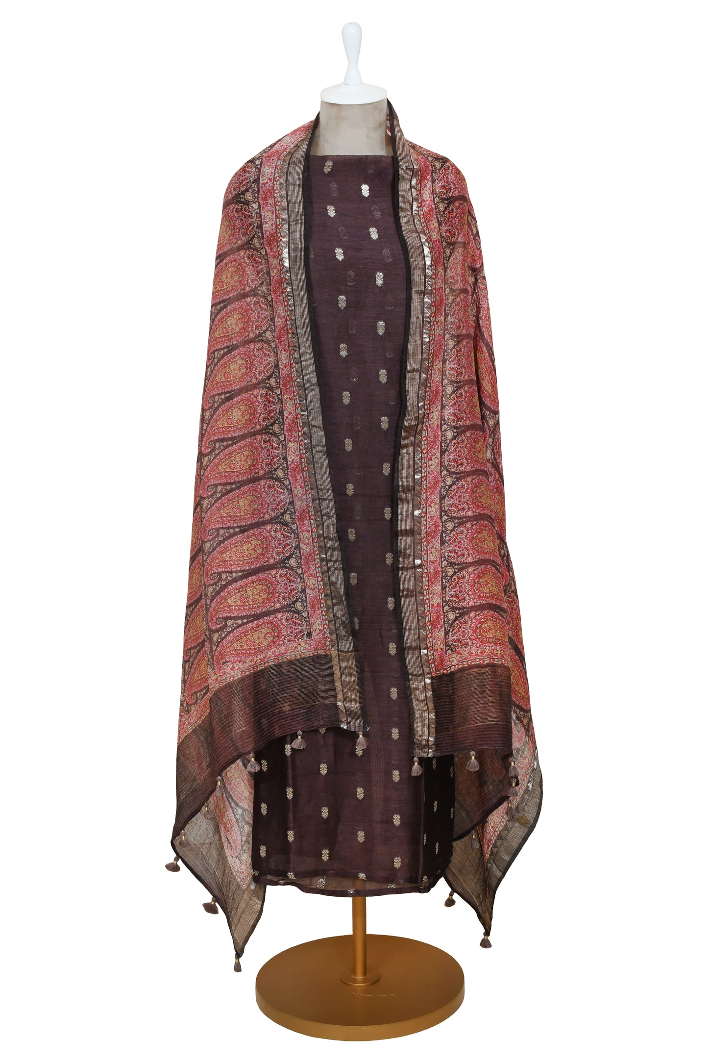Chocolate Brown Silk Linen Unstitched Suit with Dupatta
