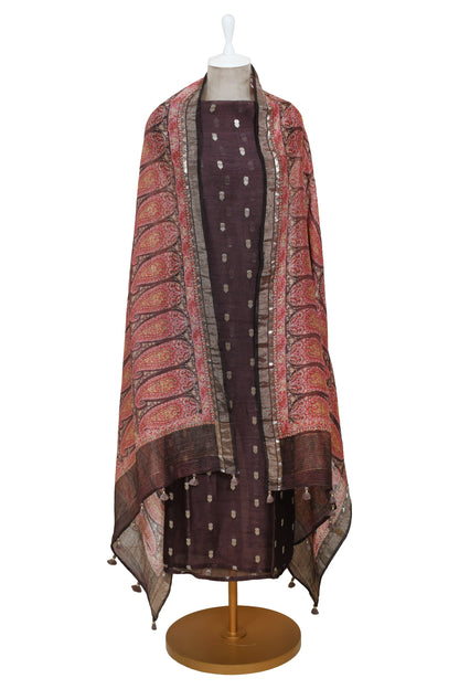 Chocolate Brown Silk Linen Unstitched Suit with Dupatta