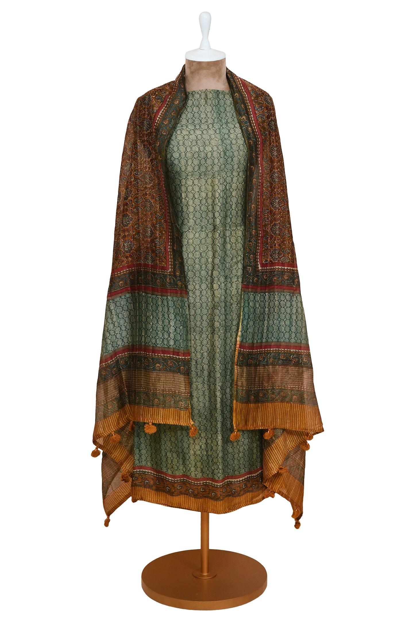 Dark Green Chanderi Unstitched Suit With Dupatta