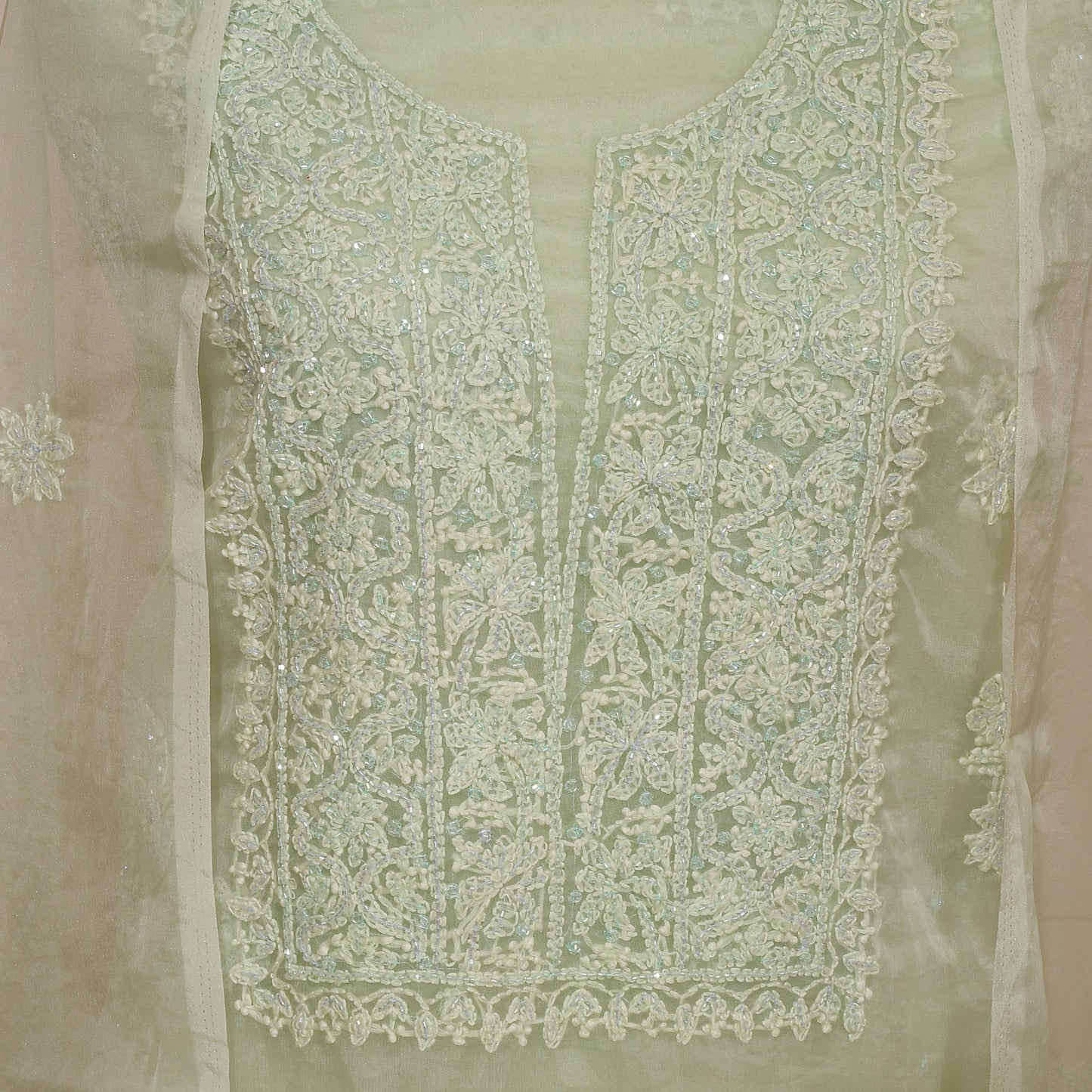 Green & Pink Organza Unstitched Suit With Dupatta