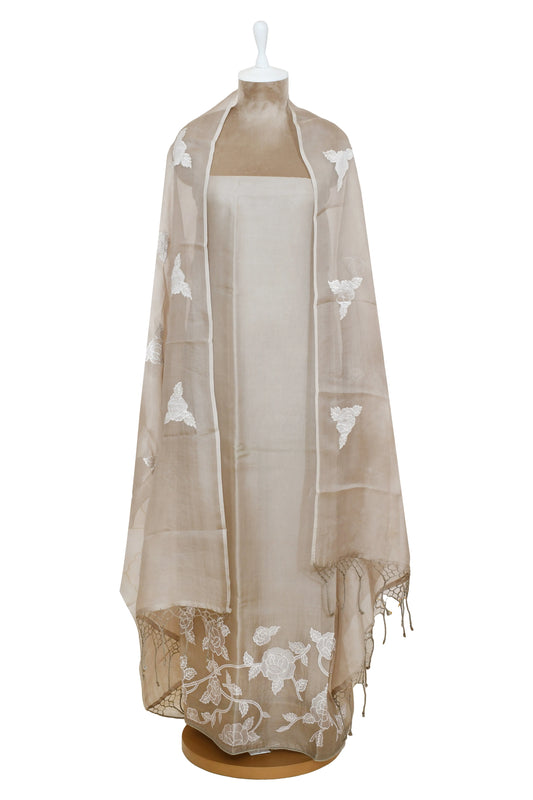 beige organza suit set with white embroidery