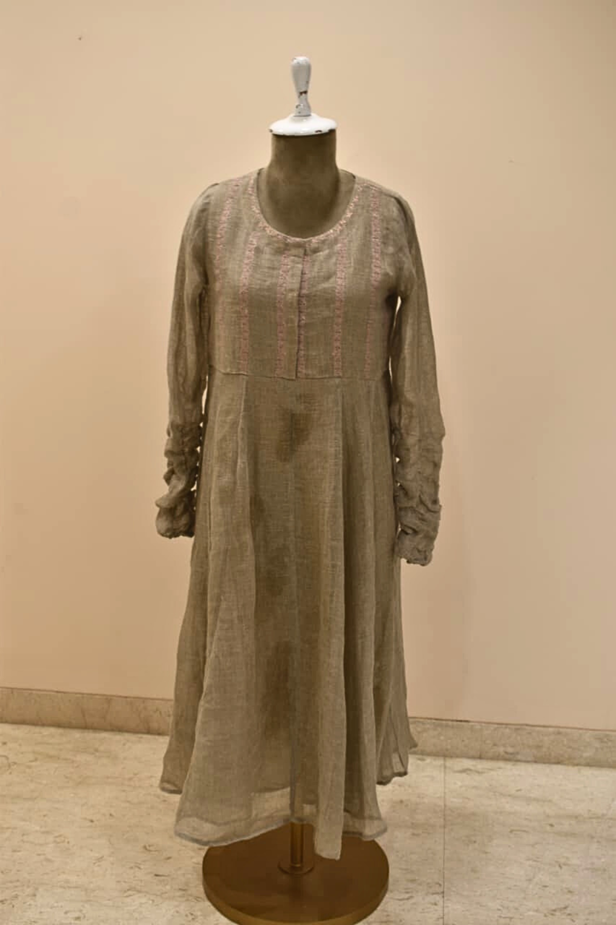 Beige Full Sleeve With Thread Embroidery Pure Linen Dress