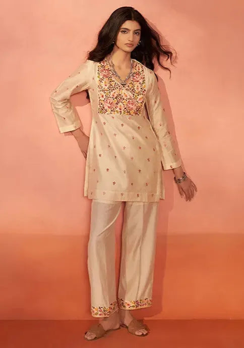 blush beige embroidered co-ord set with floral detail