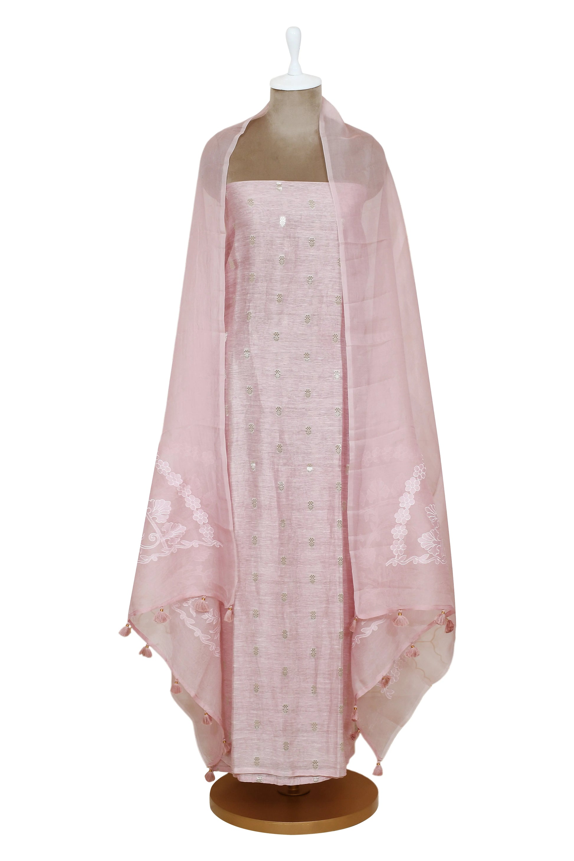 blush pink silk linen suit with subtle embroidery