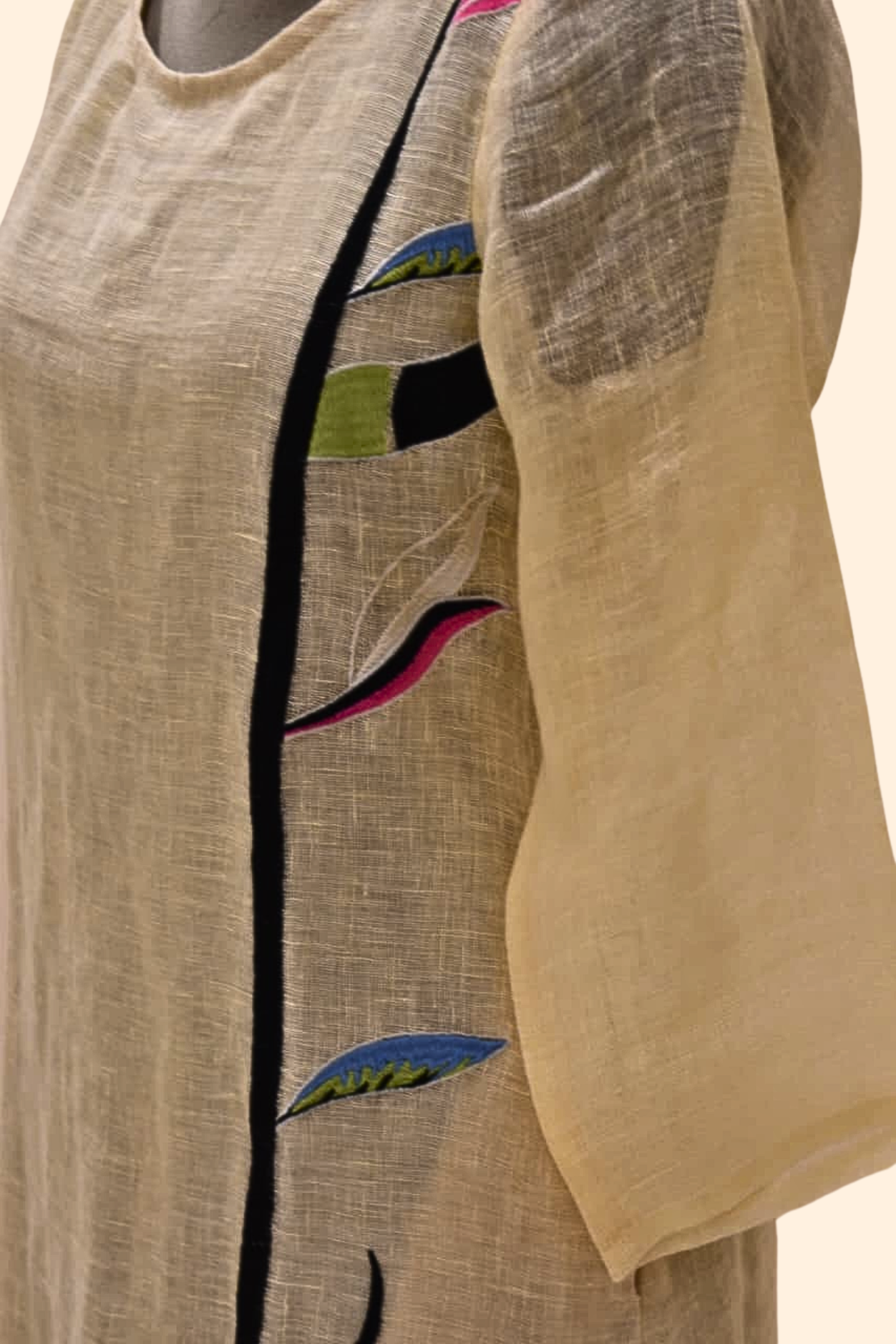 Cream Full Sleeve With Leaf Print Pure Linen Dress