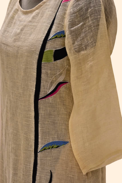 Cream Full Sleeve With Leaf Print Pure Linen Dress