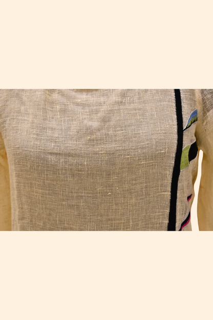 Cream Full Sleeve With Leaf Print Pure Linen Dress