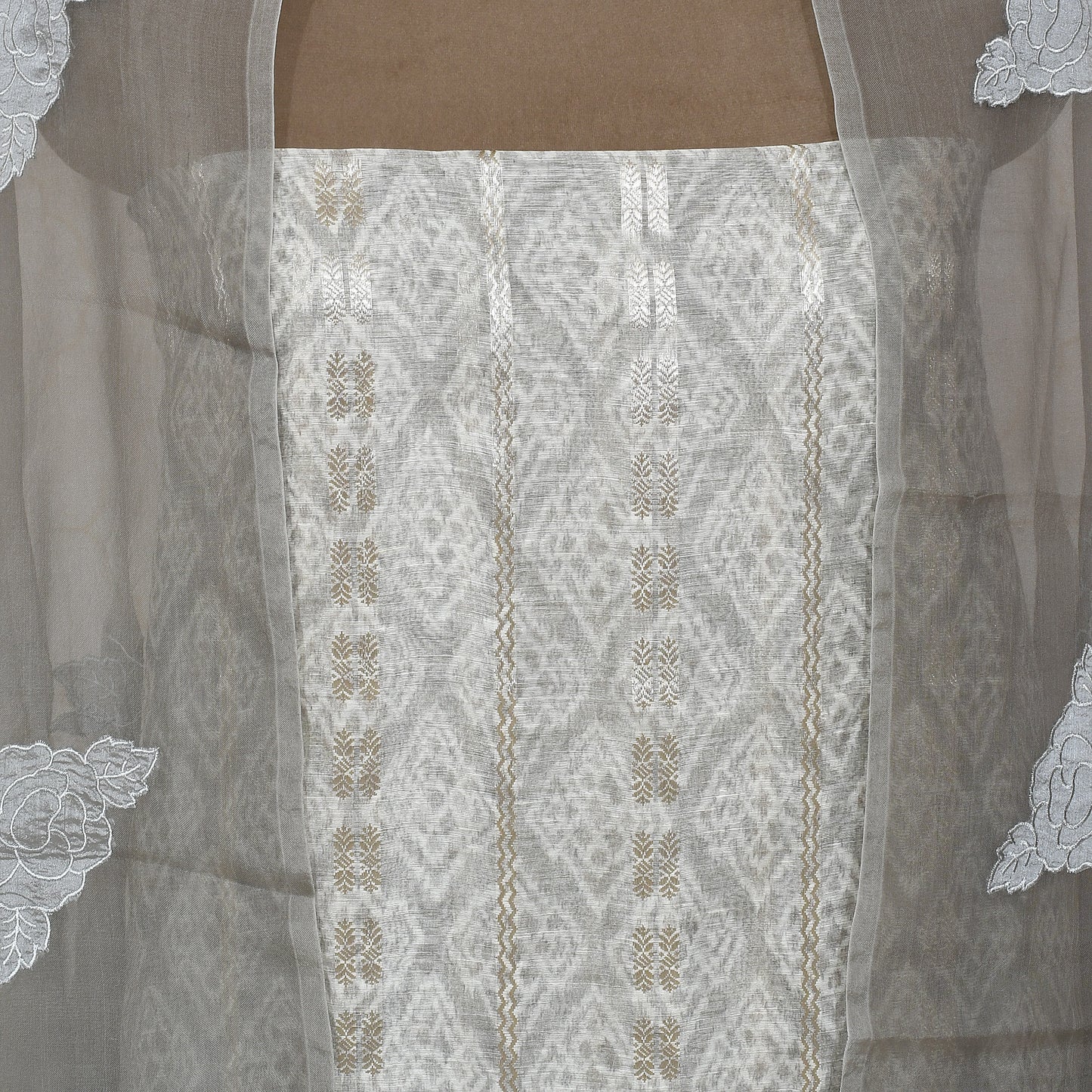 Gray Silk Linen With Zari Work Unsticthed Suit & Organza Dupatta With Tissue Applique
