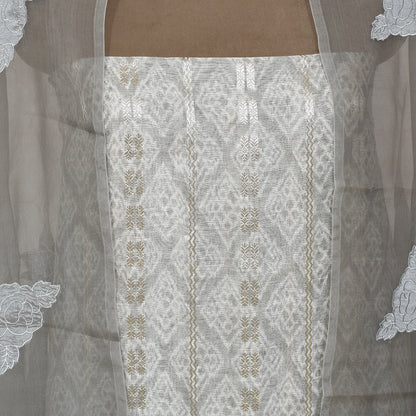 Gray Silk Linen With Zari Work Unsticthed Suit & Organza Dupatta With Tissue Applique