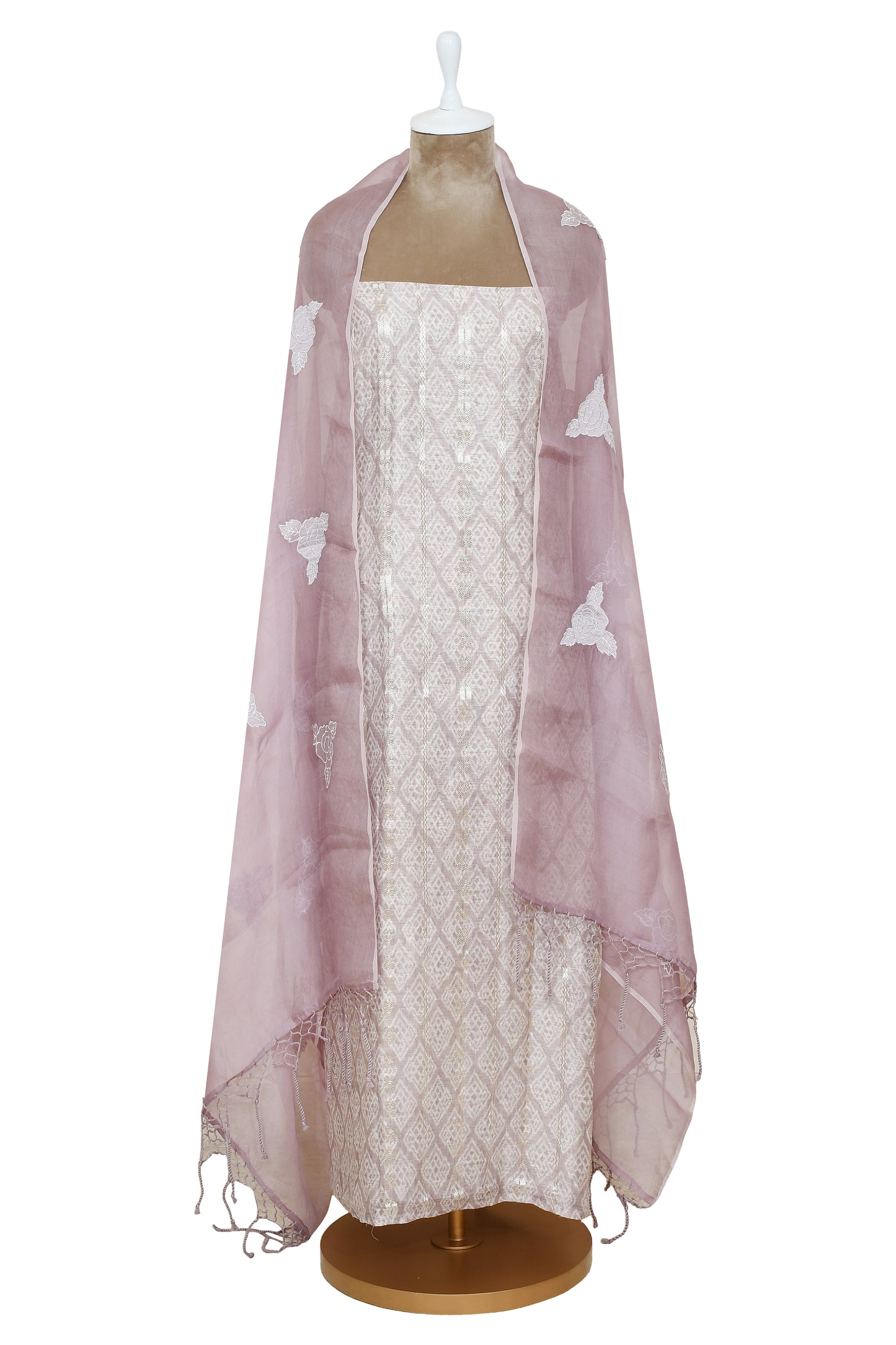 Purple Silk Linen With Zari Work Unsticthed Suit & Organza Dupatta With Tissue Applique