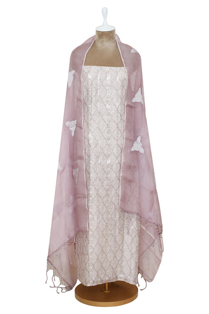 Purple Silk Linen With Zari Work Unsticthed Suit & Organza Dupatta With Tissue Applique