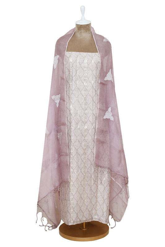 Purple Silk Linen With Zari Work Unsticthed Suit & Organza Dupatta With Tissue Applique