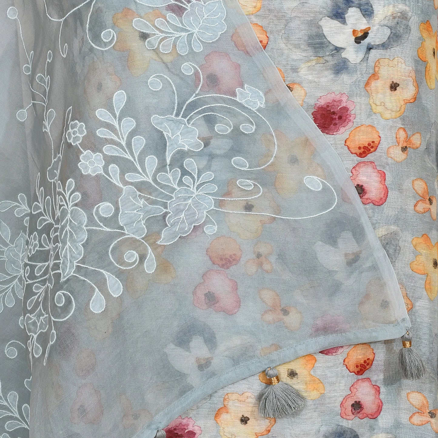 Floral Print Silk Linen Suit with Embroidered Dupatta
