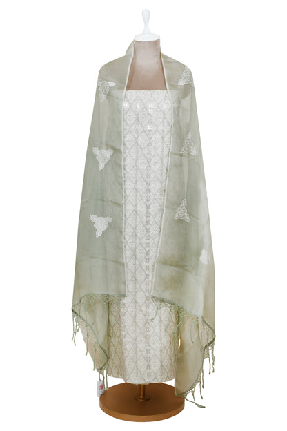 Green Silk Linen With Zari Work Unsticthed Suit & Organza Dupatta With Tissue Applique