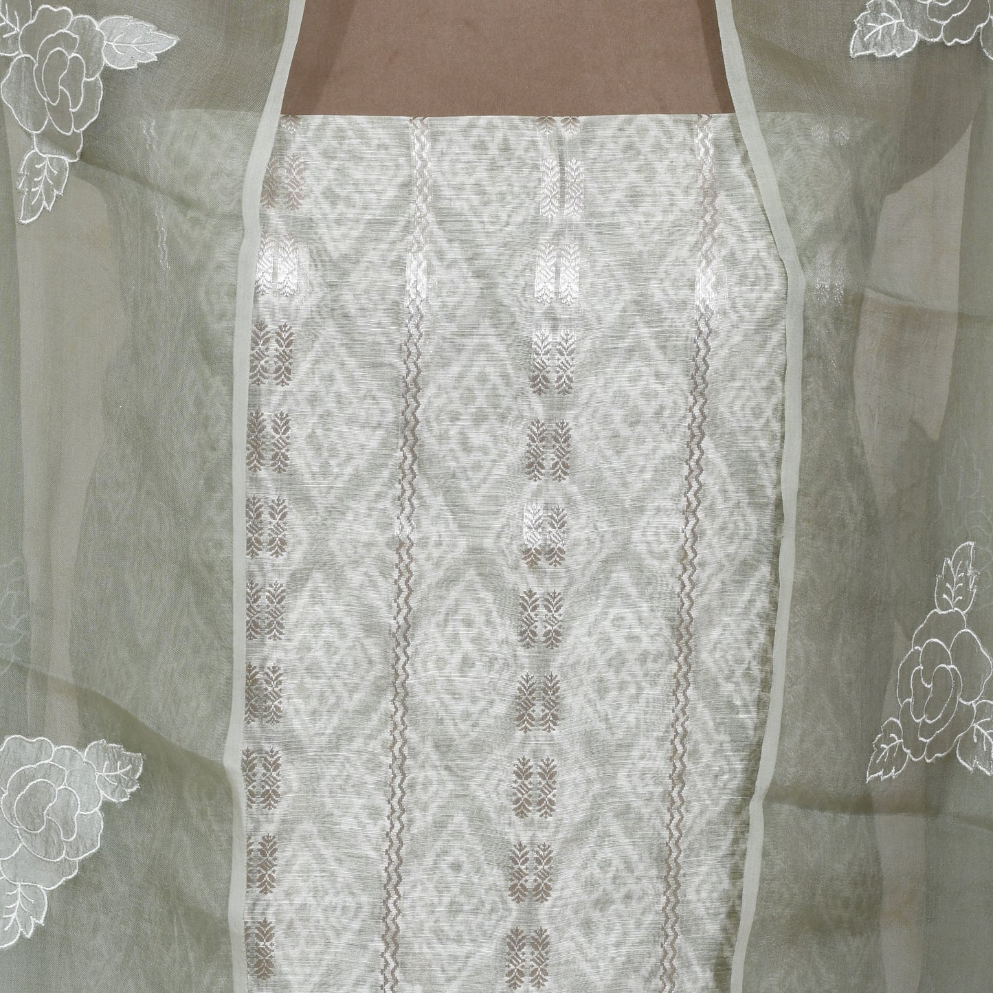 Green Silk Linen With Zari Work Unsticthed Suit & Organza Dupatta With Tissue Applique