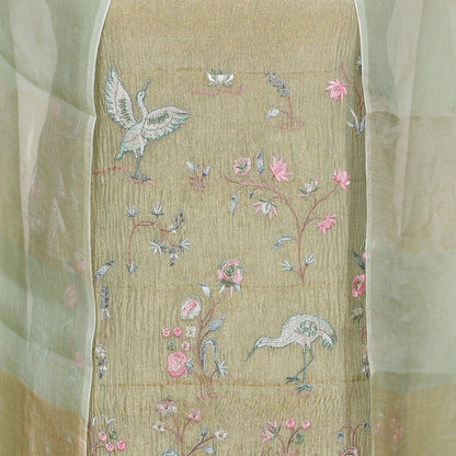 Olive Green Pure Tissue Suit with Floral Embroidery