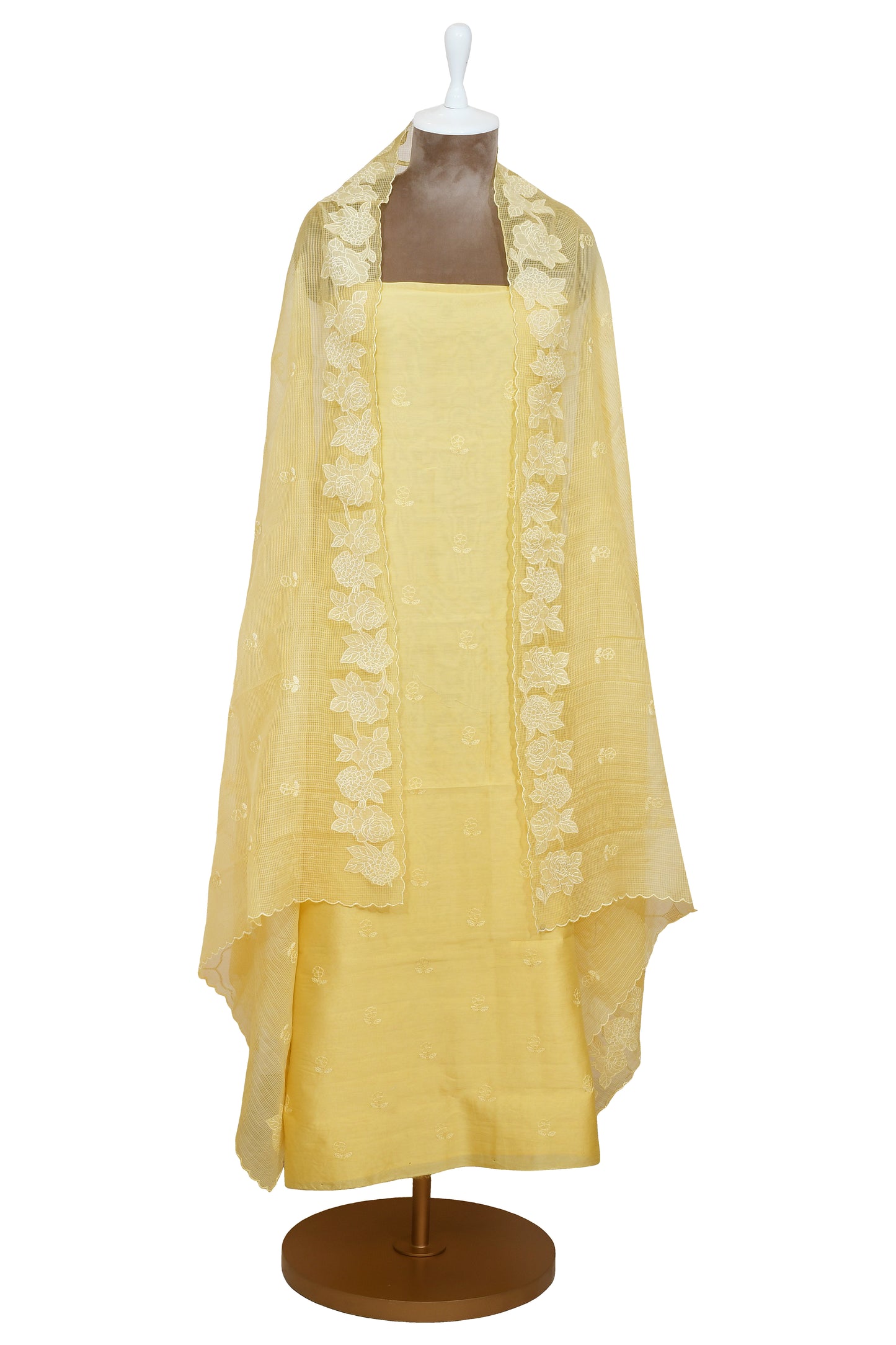 Light Yellow Chanderi Unstitcthed Embroidery Suit With Kota Doria Embroidery Dupatta