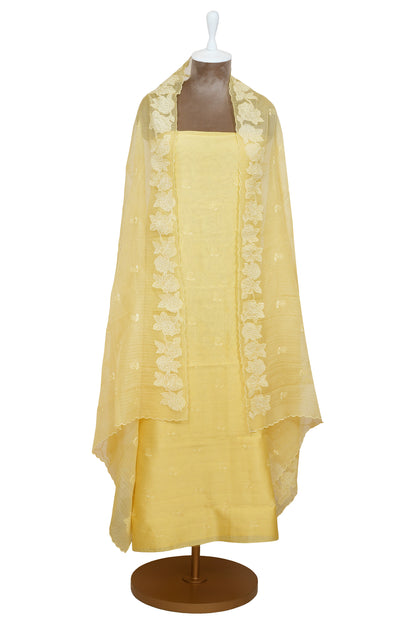 Light Yellow Chanderi Unstitcthed Embroidery Suit With Kota Doria Embroidery Dupatta