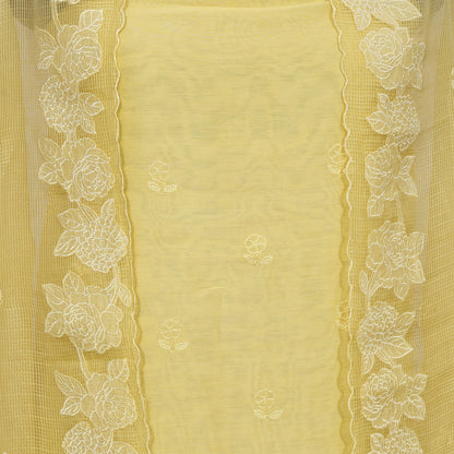 Light Yellow Chanderi Unstitcthed Embroidery Suit With Kota Doria Embroidery Dupatta