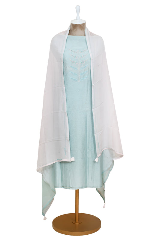 Sea Blue Chanderi Unsticthed Katdana Work Suit With Ombre Dupatta