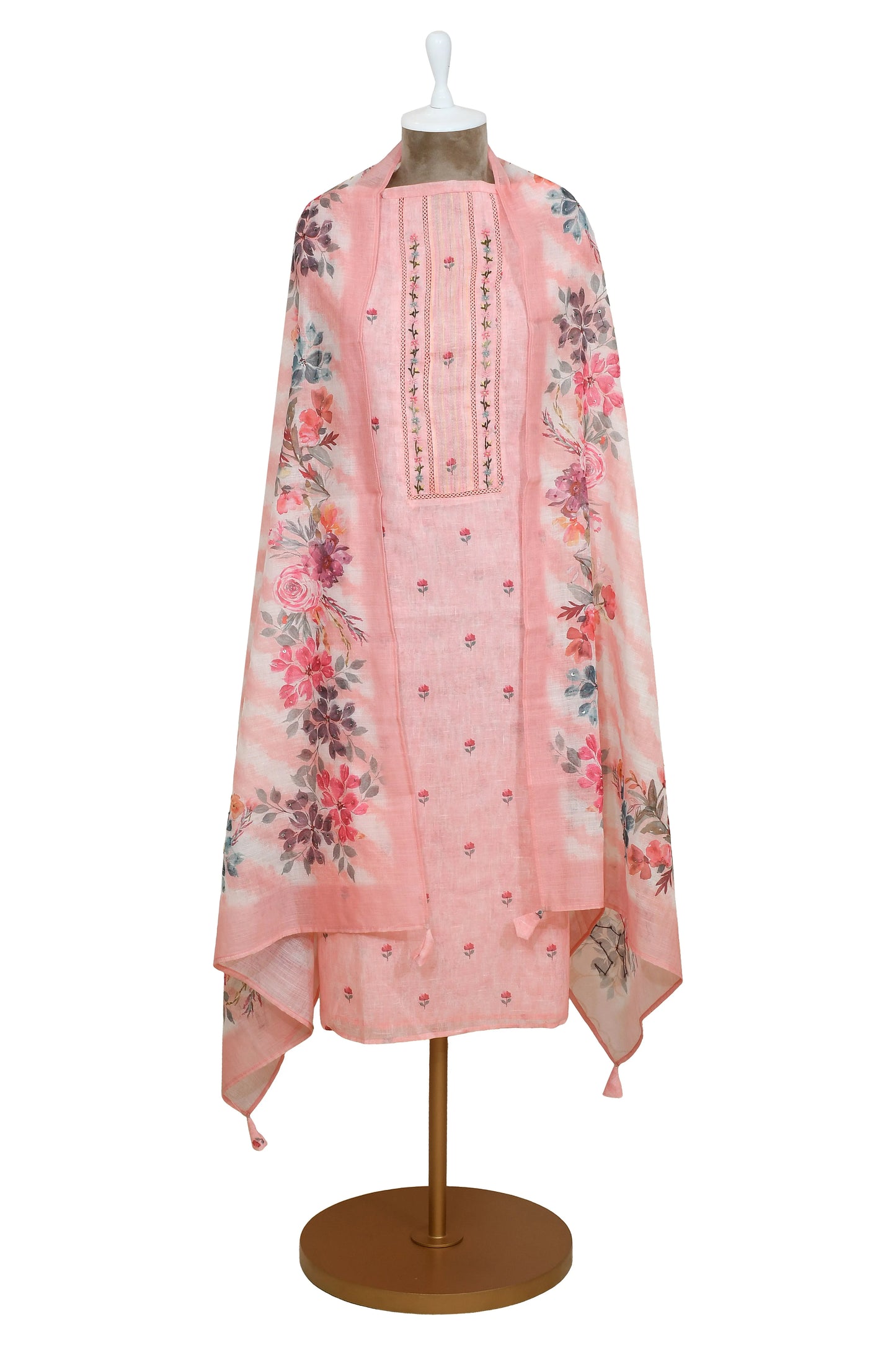 Peach Floral Silk Linen Suit with Printed Dupatta