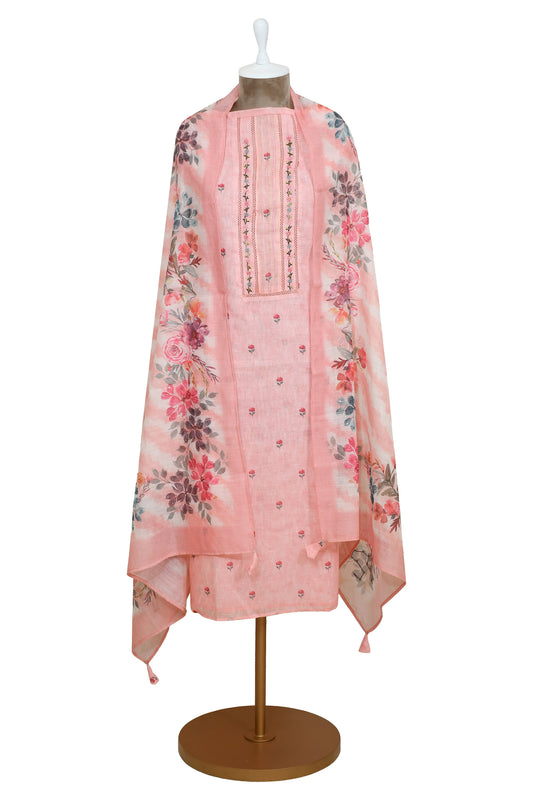 Peach Floral Silk Linen Suit with Printed Dupatta
