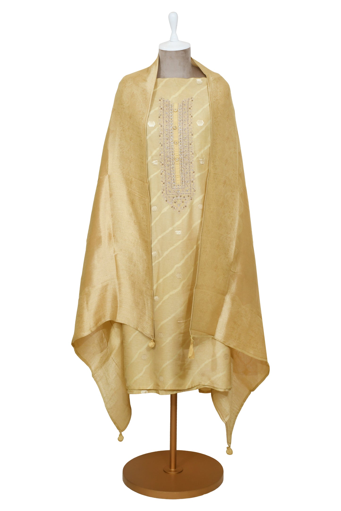 Mustard Yellow Chanderi Unsticthed Embroidery Suit With Plain Dupatta