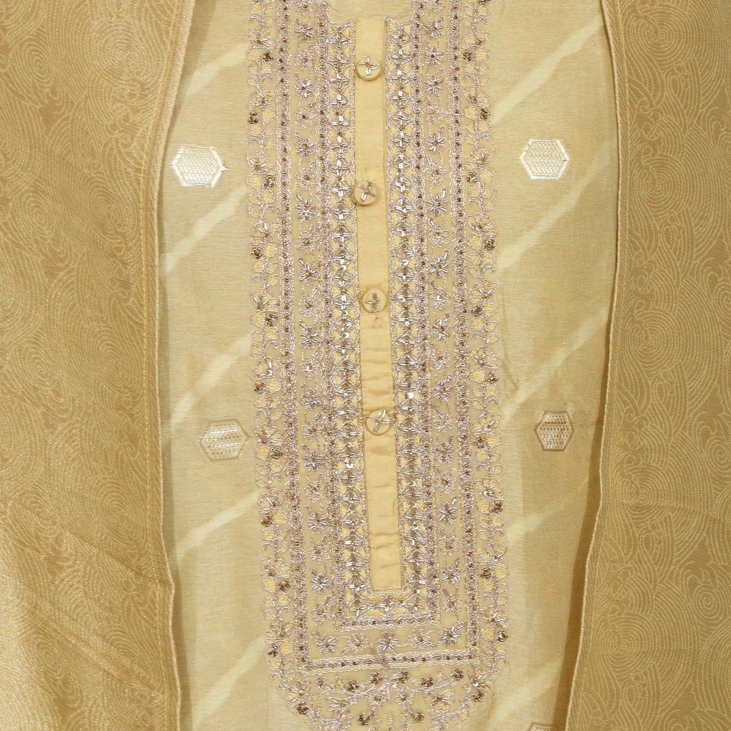 Mustard Yellow Chanderi Unsticthed Embroidery Suit With Plain Dupatta