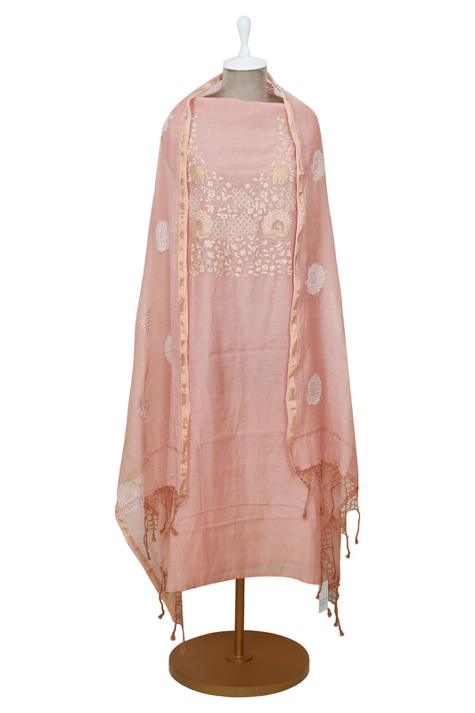Pink Mul Cotton Unsticthed Suit With Embroidery Dupatta