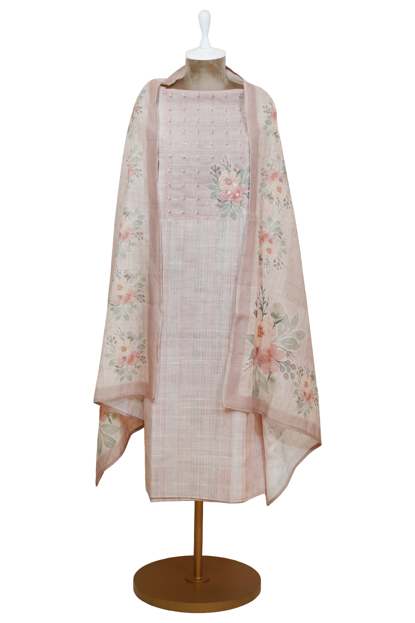 Onion Pink linen Unsticthed Handwork Suit With Digital Printed Dupatta